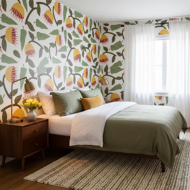Bold botanical wallpaper | white yellow retro folk flower | living room bedroom bathroom | peel and stick removable wallpaper