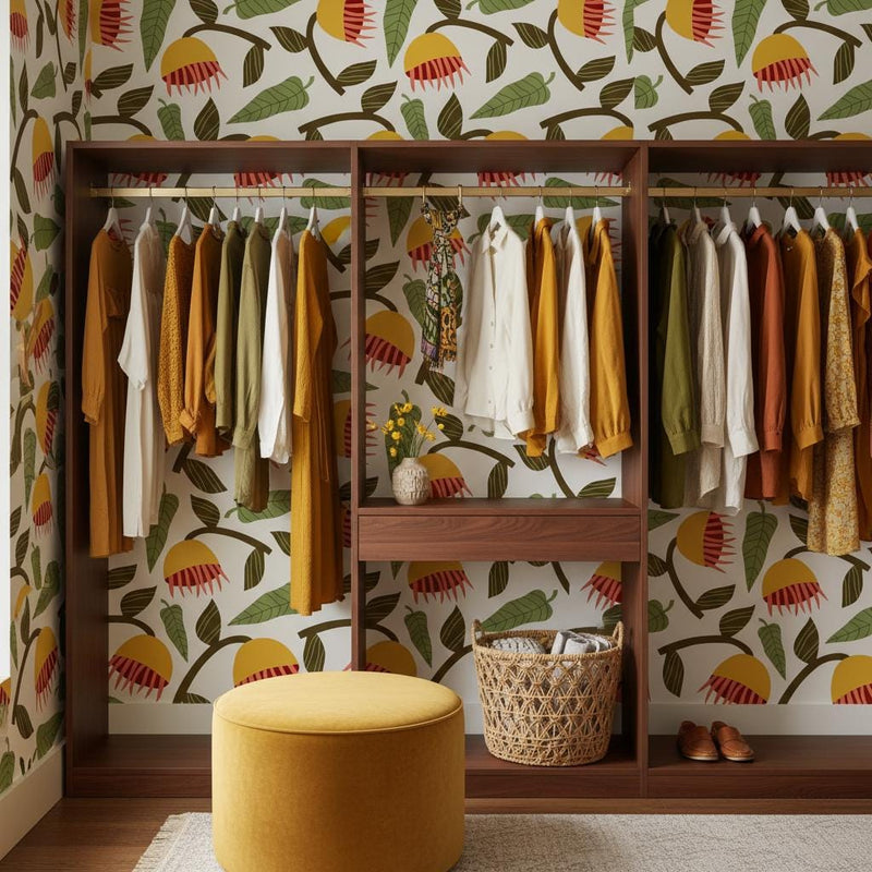 Bold botanical wallpaper | white yellow retro folk flower | living room bedroom bathroom | peel and stick removable wallpaper