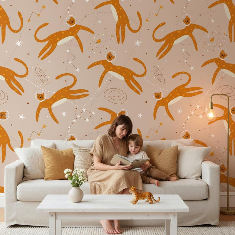 Cosmic leopard wallpaper | boho sand space cheetah astronaut | nursery bedroom playroom | peel and stick removable wallpaper