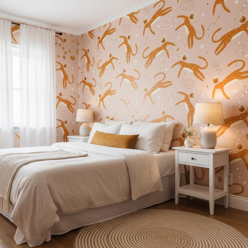 Cosmic leopard wallpaper | boho sand space cheetah astronaut | nursery bedroom playroom | peel and stick removable wallpaper