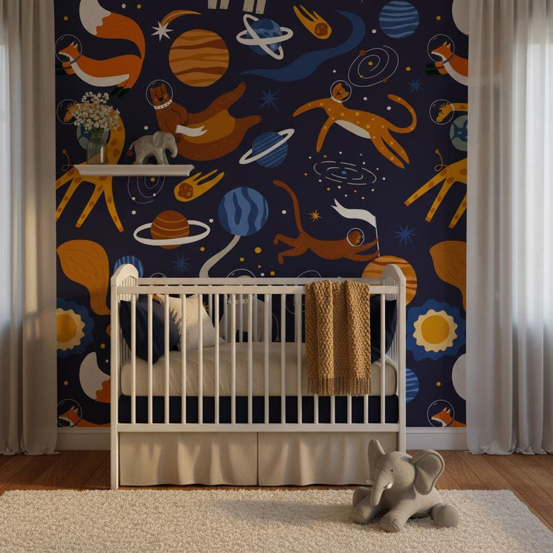 Space animals wallpaper | dark navy elephant giraffe bear kids | nursery bedroom playroom | peel and stick removable wallpaper