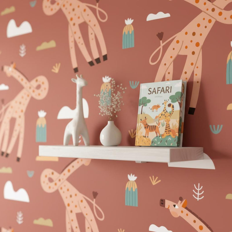 Giraffe wallpaper | terracotta boho safari desert cactus kids | nursery bedroom playroom | peel and stick removable wallpaper