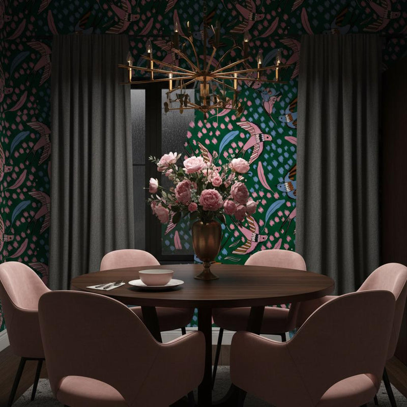 Emerald swallow wallpaper | dark green pink bird feather jewel | living room bedroom bathroom | peel and stick removable wallpaper