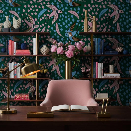 Emerald swallow wallpaper | dark green pink bird feather jewel | living room bedroom bathroom | peel and stick removable wallpaper