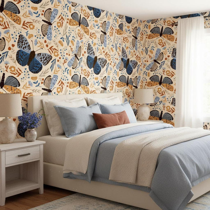 Butterfly moth wallpaper | cream blue rust folk botanical floral | living room bedroom bathroom | peel and stick removable wallpaper