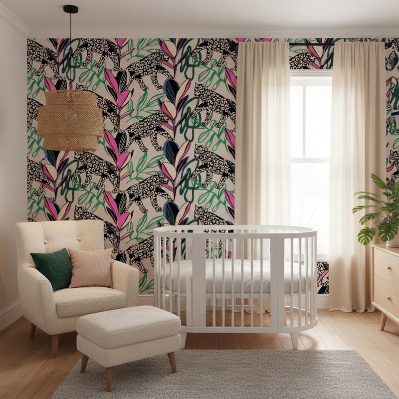 Leopard tropical wallpaper peel and stick | bold eclectic pink green | living room bedroom | removable mural