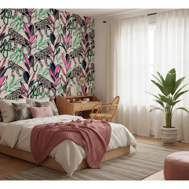 Leopard tropical wallpaper peel and stick | bold eclectic pink green | living room bedroom | removable mural