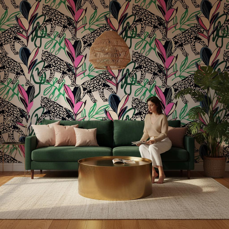 Leopard tropical wallpaper peel and stick | bold eclectic pink green | living room bedroom | removable mural