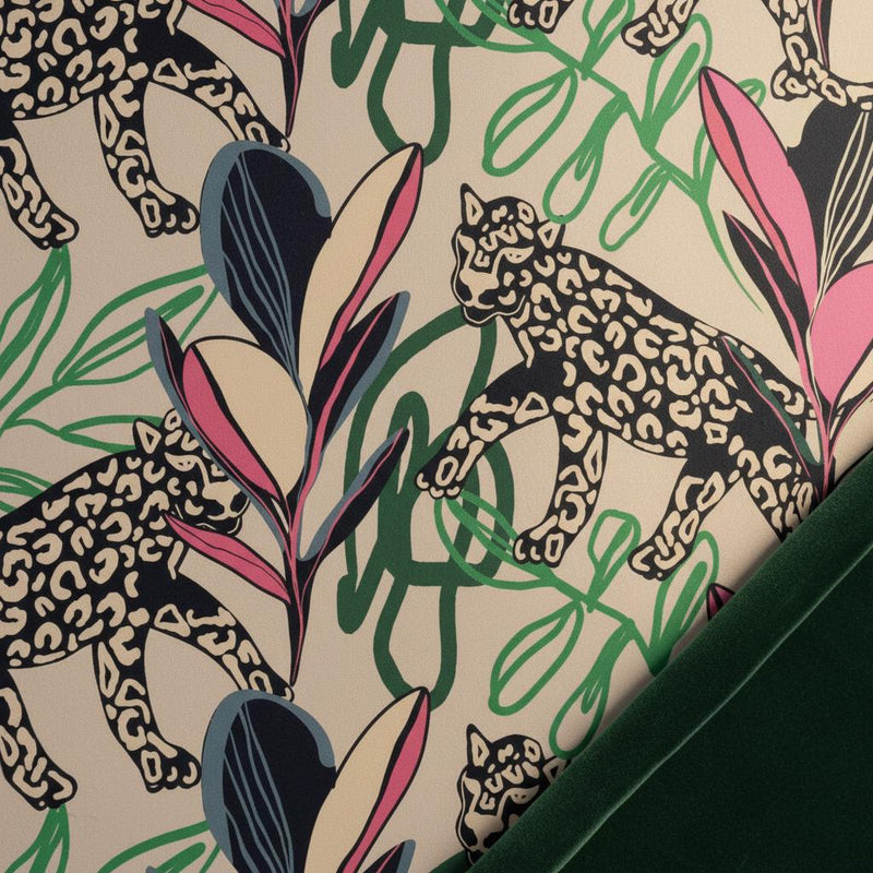 Leopard tropical wallpaper peel and stick | bold eclectic pink green | living room bedroom | removable mural