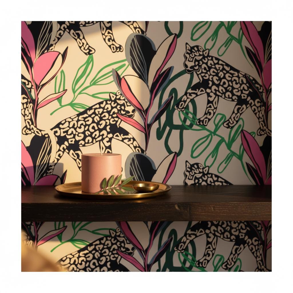 Leopard tropical wallpaper peel and stick | bold eclectic pink green | living room bedroom | removable mural