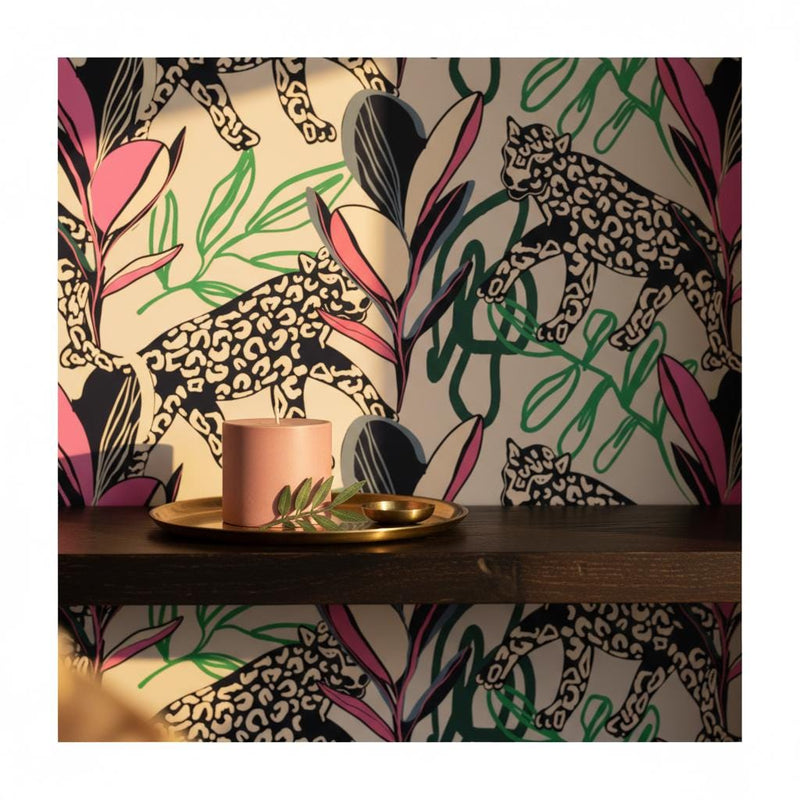 Leopard tropical wallpaper peel and stick | bold eclectic pink green | living room bedroom | removable mural