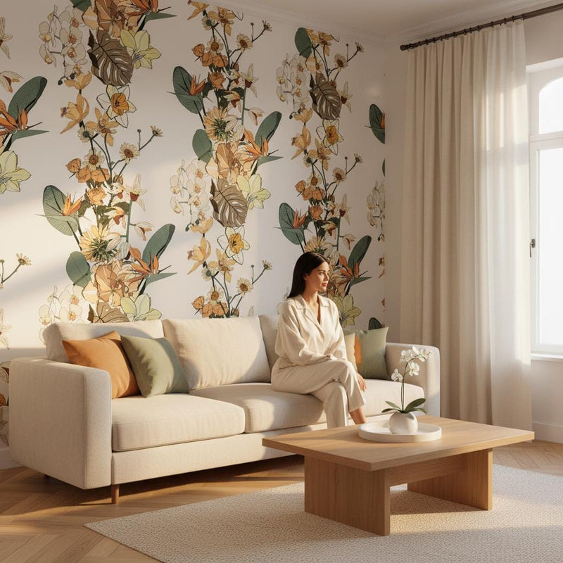 Botanical floral wallpaper peel and stick | luxury orchid rose ochre | bedroom living room | removable mural