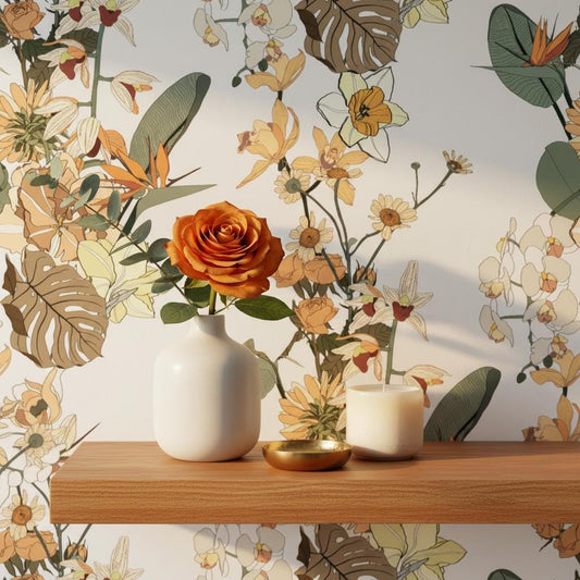 Botanical floral wallpaper peel and stick | luxury orchid rose ochre | bedroom living room | removable mural