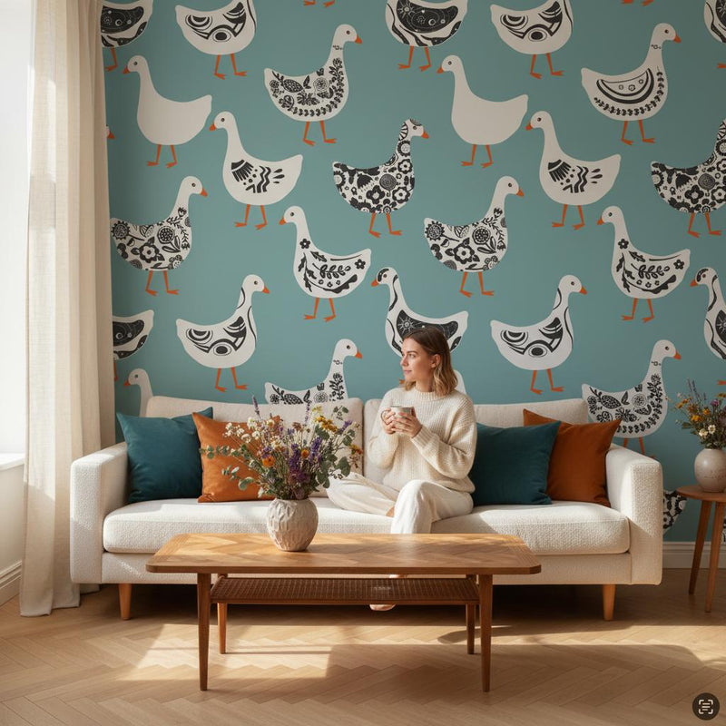 Folk art geese wallpaper peel and stick | Scandi teal white bird | nursery living room | removable wall mural