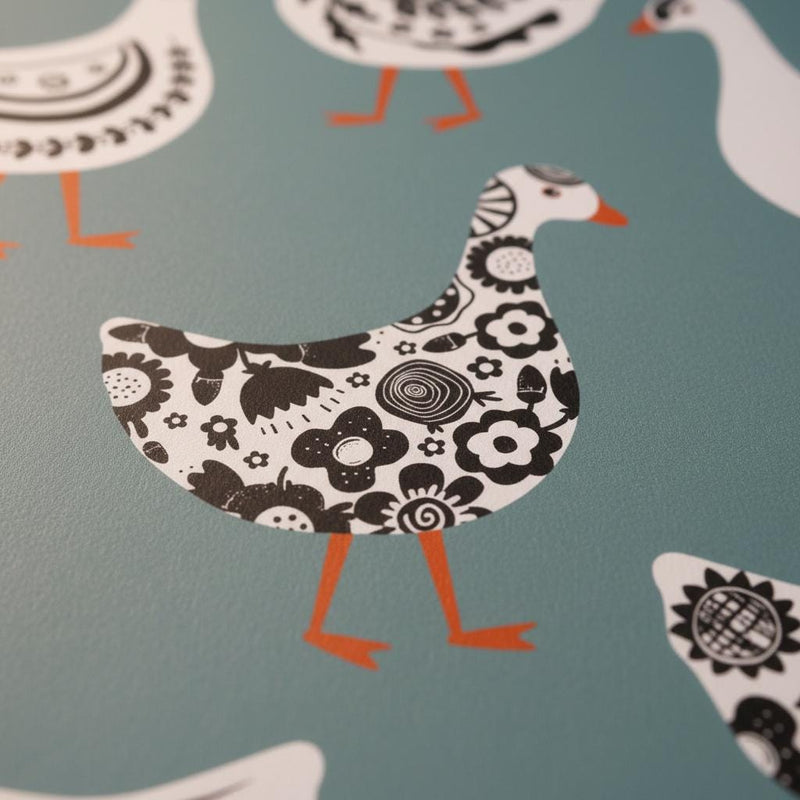 Folk art geese wallpaper peel and stick | Scandi teal white bird | nursery living room | removable wall mural