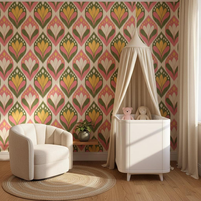 Ikat wallpaper peel and stick | boho pink olive green gold | living room bedroom | removable wall mural