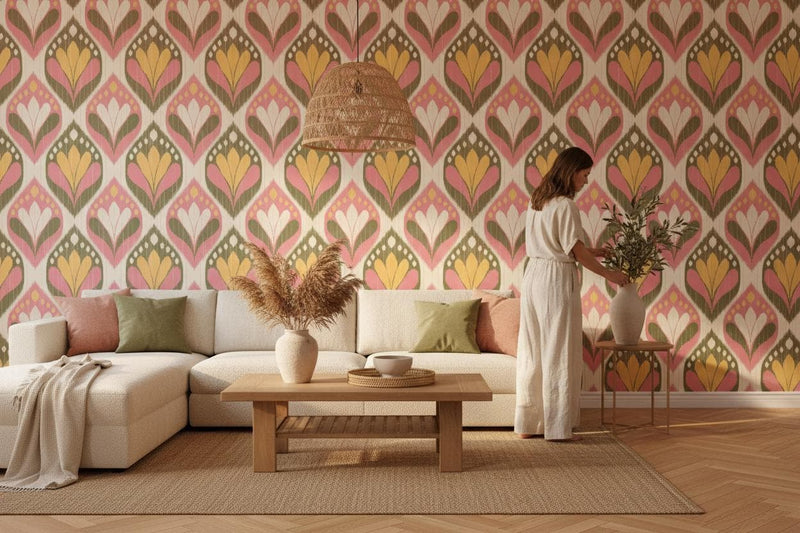Ikat wallpaper peel and stick | boho pink olive green gold | living room bedroom | removable wall mural