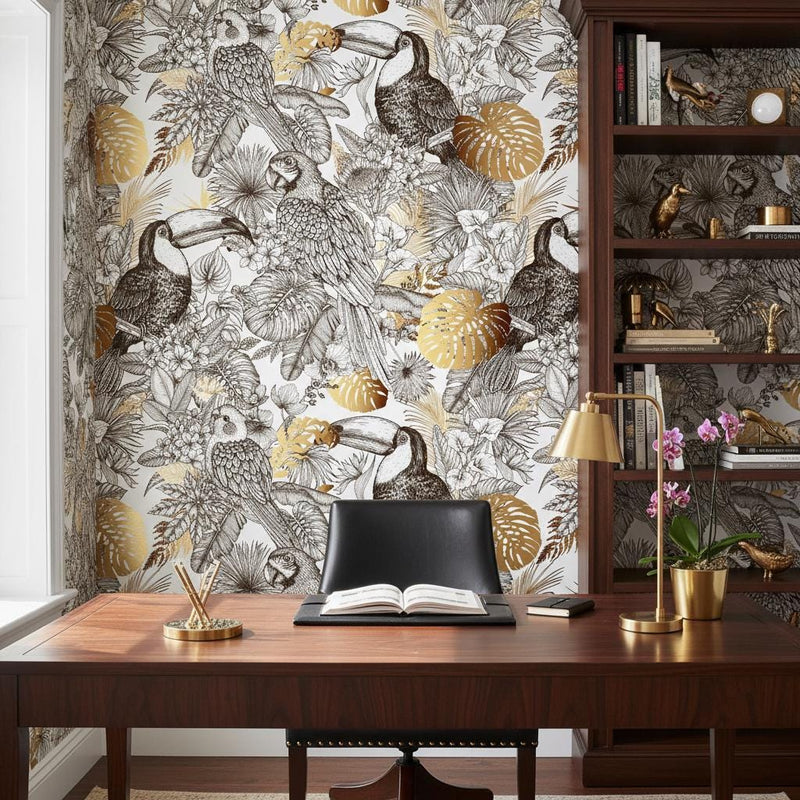 Tropical birds wallpaper | black white gold toucan parrot | living room bedroom office | peel and stick removable wallpaper