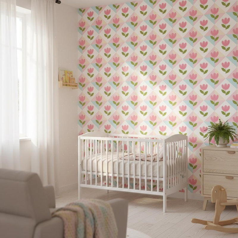 Pink tulip wallpaper peel and stick | pastel floral kids room | nursery bedroom decor | removable wall mural