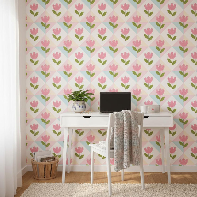 Pink tulip wallpaper peel and stick | pastel floral kids room | nursery bedroom decor | removable wall mural