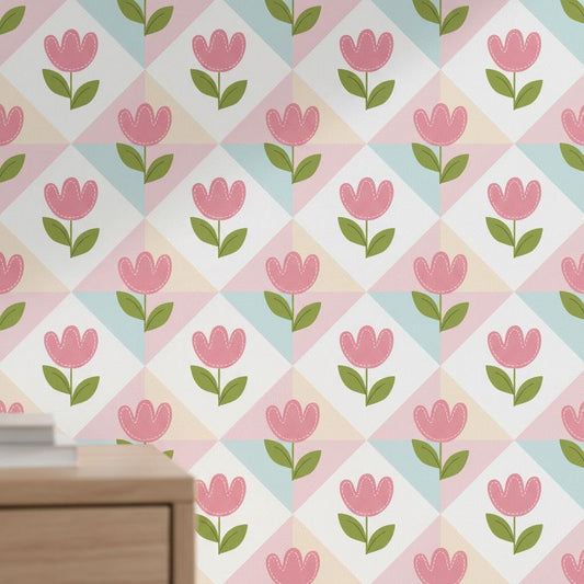 Pink tulip wallpaper peel and stick | pastel floral kids room | nursery bedroom decor | removable wall mural