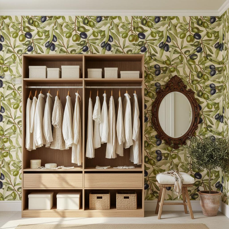 Olive branch wallpaper peel and stick | Mediterranean botanical kitchen | bedroom dining room | removable wall mural