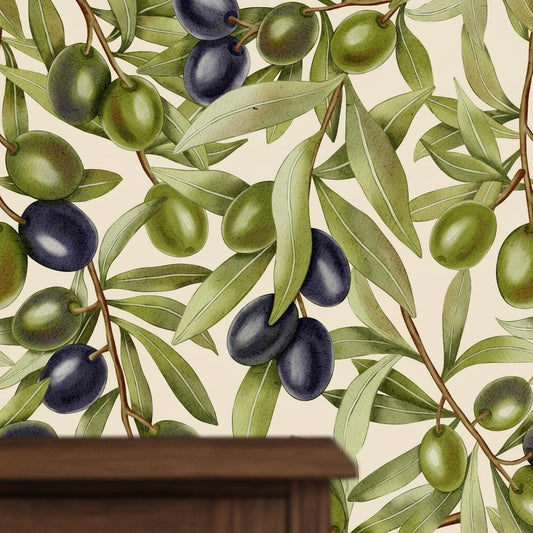 Olive branch wallpaper peel and stick | Mediterranean botanical kitchen | bedroom dining room | removable wall mural