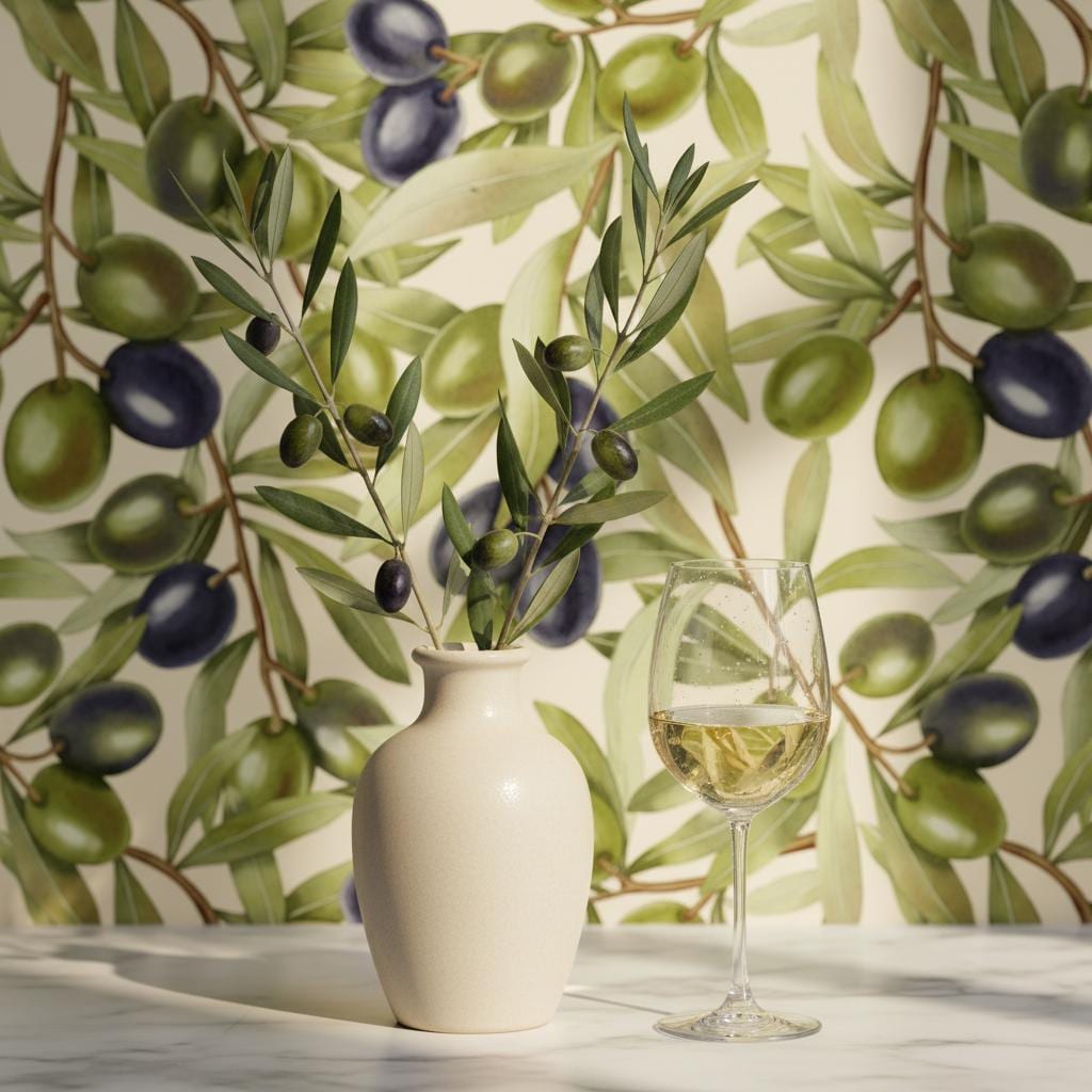 Olive branch wallpaper peel and stick | Mediterranean botanical kitchen | bedroom dining room | removable wall mural