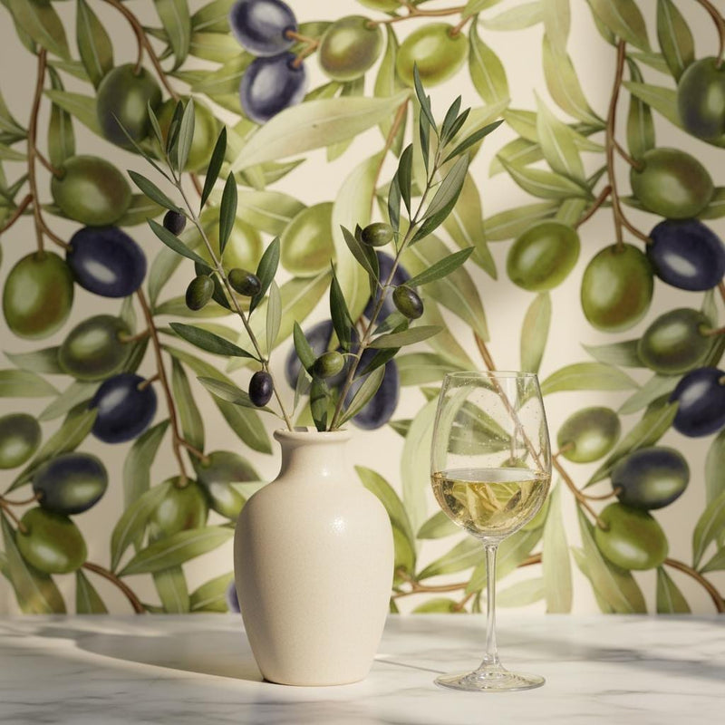 Olive branch wallpaper peel and stick | Mediterranean botanical kitchen | bedroom dining room | removable wall mural