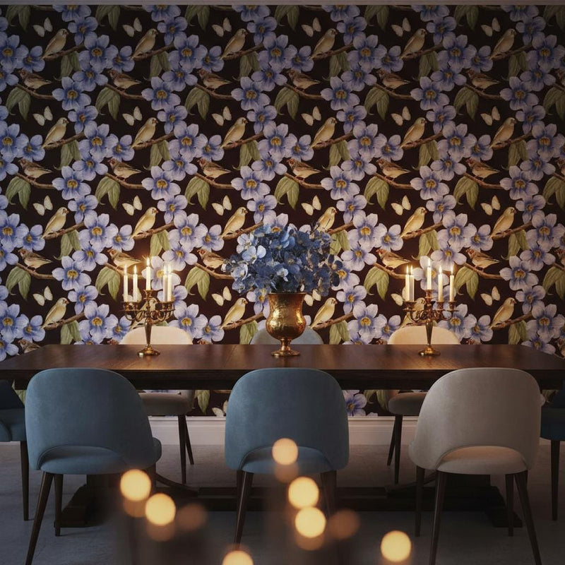 Blue orchid bird wallpaper peel and stick | dark botanical floral luxury | bedroom living room | removable wall mural