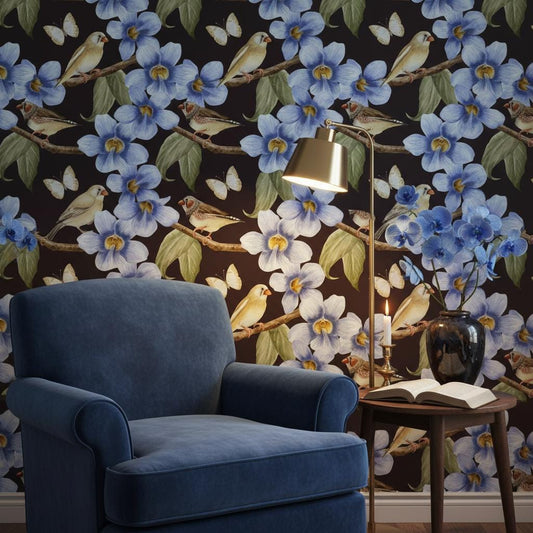 Blue orchid bird wallpaper peel and stick | dark botanical floral luxury | bedroom living room | removable wall mural