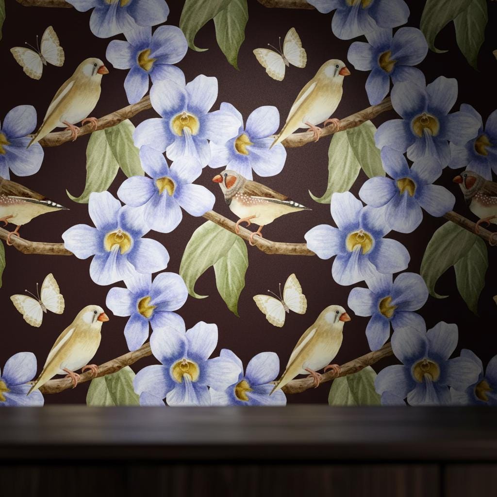 Blue orchid bird wallpaper peel and stick | dark botanical floral luxury | bedroom living room | removable wall mural