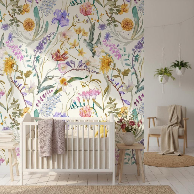 Wildflower watercolor wallpaper peel and stick | botanical garden floral | bedroom living room | removable wall mural