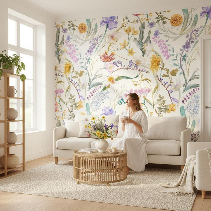Wildflower watercolor wallpaper peel and stick | botanical garden floral | bedroom living room | removable wall mural