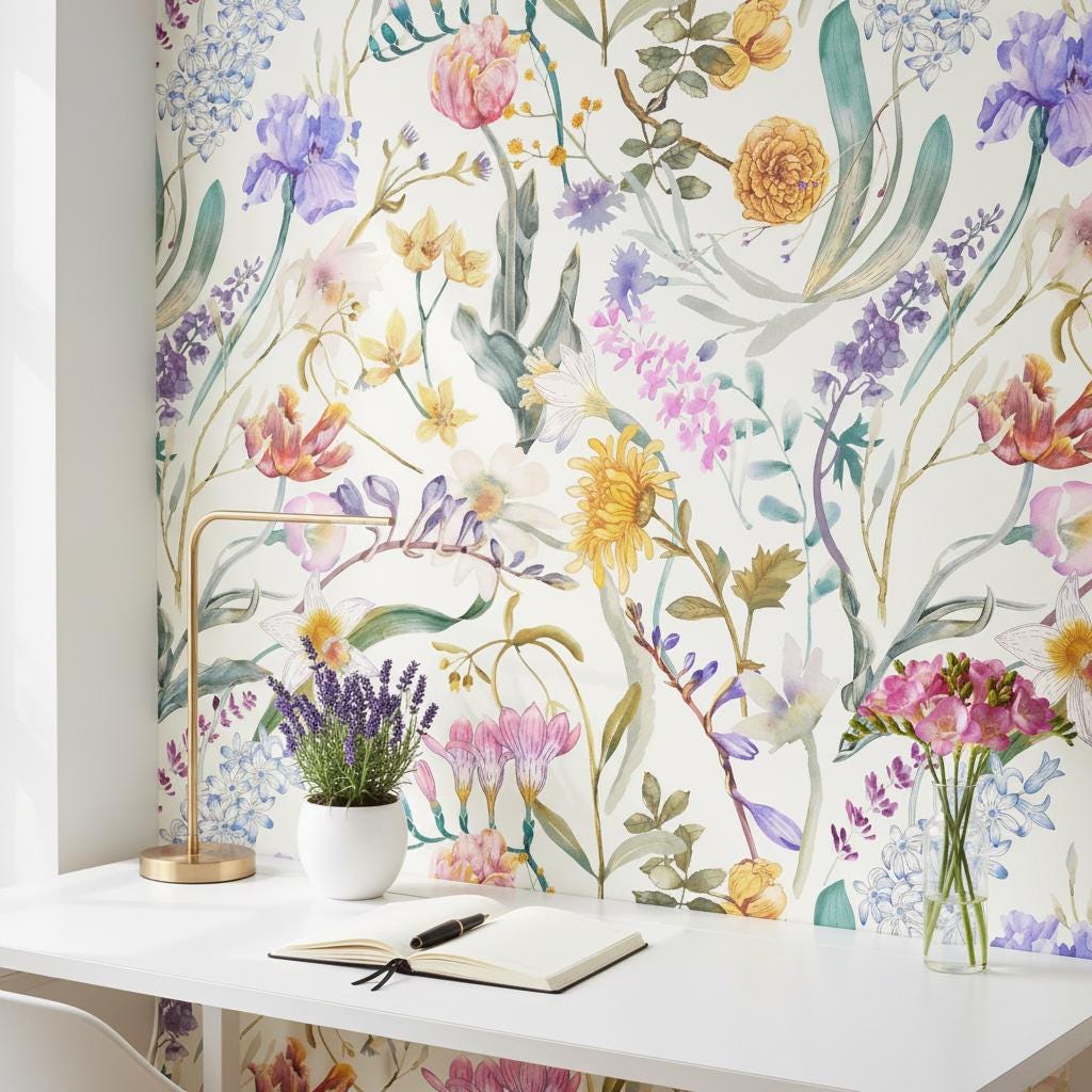 Wildflower watercolor wallpaper peel and stick | botanical garden floral | bedroom living room | removable wall mural