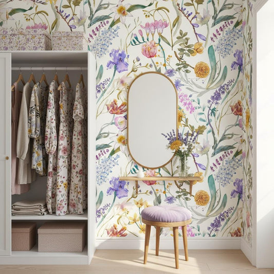 Wildflower watercolor wallpaper peel and stick | botanical garden floral | bedroom living room | removable wall mural