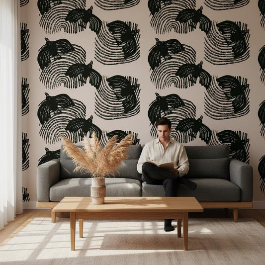 Bird swirl wallpaper peel and stick | bold graphic black Japandi | living room bedroom | removable wall mural