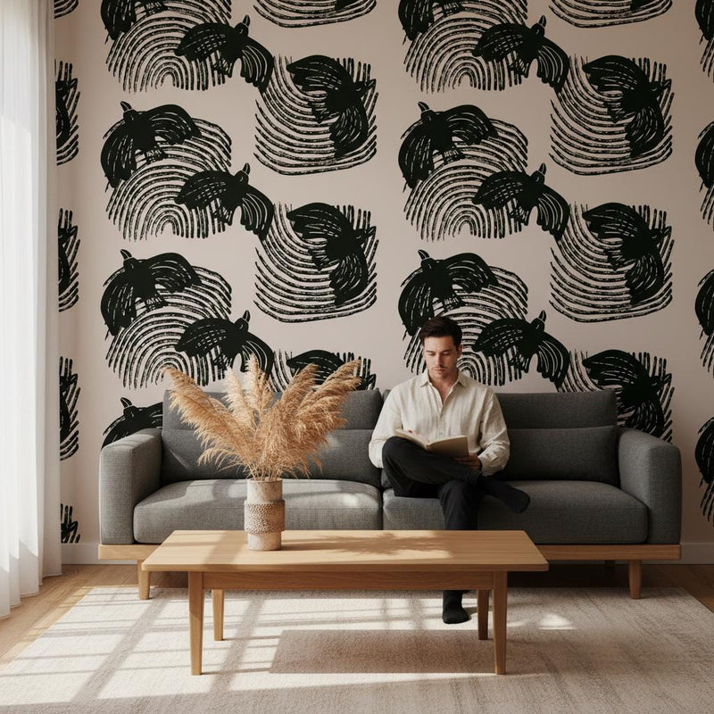 Bird swirl wallpaper peel and stick | bold graphic black Japandi | living room bedroom | removable wall mural