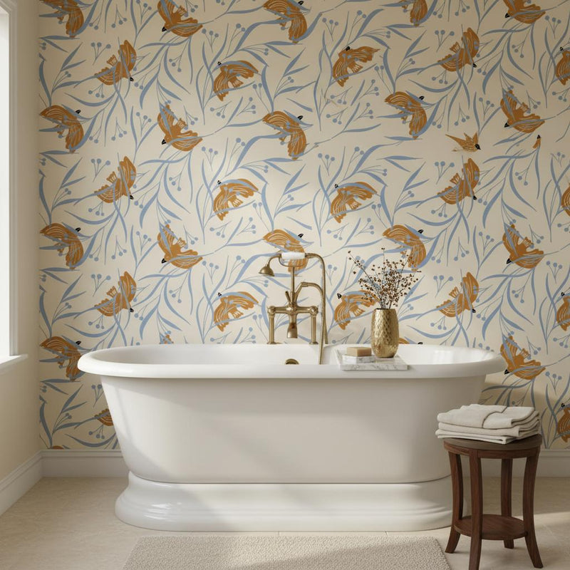 Art Deco bird wallpaper peel and stick | golden botanical sandy beige | bedroom living room | removable wall mural