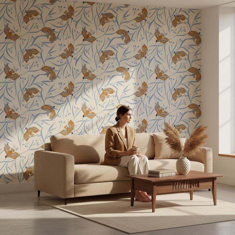 Art Deco bird wallpaper peel and stick | golden botanical sandy beige | bedroom living room | removable wall mural