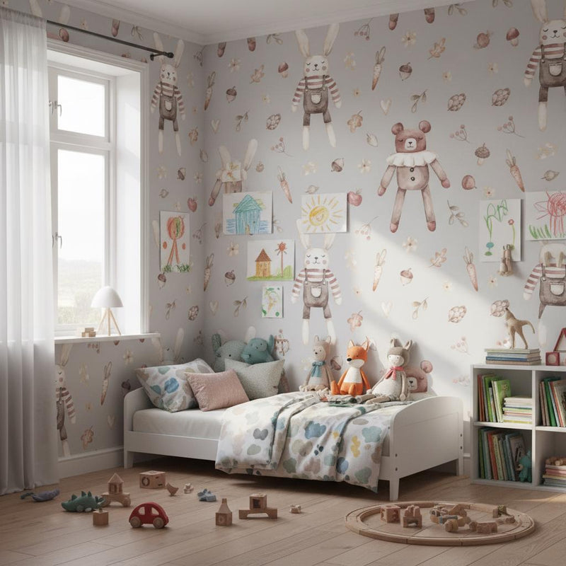 Nursery Wallpaper | Cute Toy Rabbit Teddy Woodland Wall Mural | Scandinavian Kids Decor | Peel and Stick Removable Wallpaper