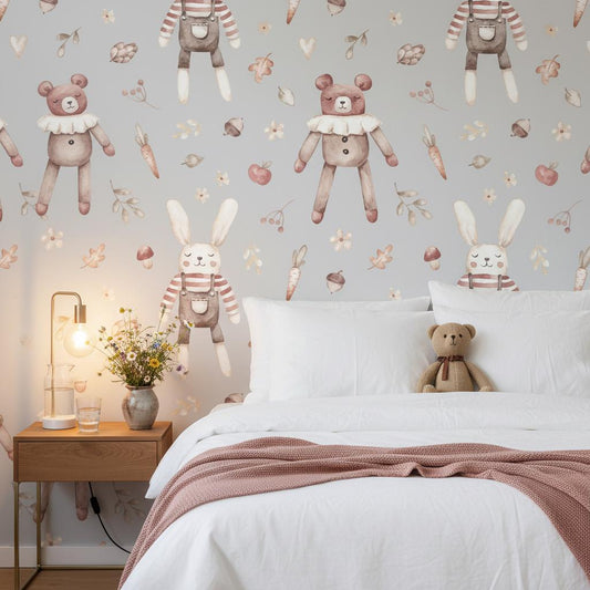 Nursery Wallpaper | Cute Toy Rabbit Teddy Woodland Wall Mural | Scandinavian Kids Decor | Peel and Stick Removable Wallpaper