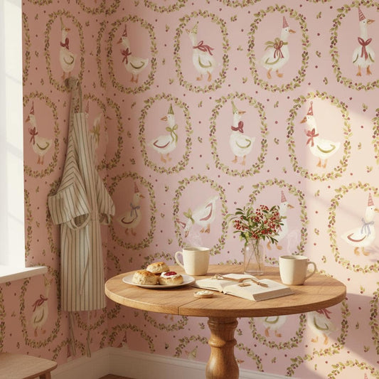 Whimsical Goose Wallpaper| Farmhouse Nursery |Pink Kids Room | Peel and Stick Removable Wallpaper
