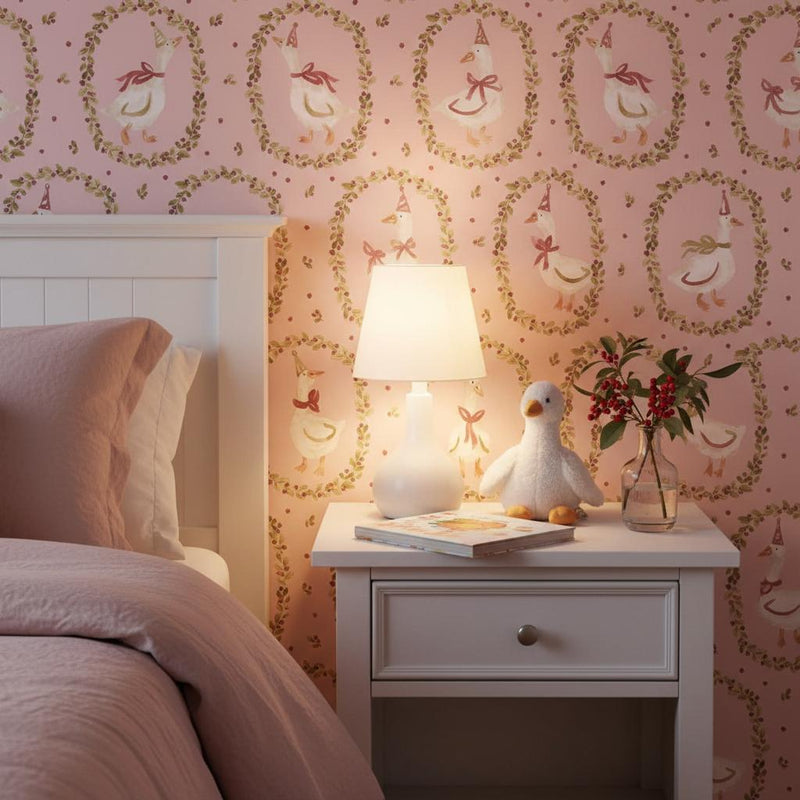 Whimsical Goose Wallpaper| Farmhouse Nursery |Pink Kids Room | Peel and Stick Removable Wallpaper
