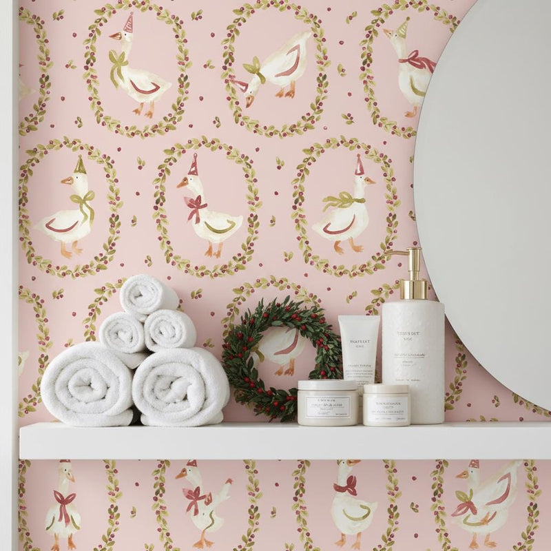 Whimsical Goose Wallpaper| Farmhouse Nursery |Pink Kids Room | Peel and Stick Removable Wallpaper