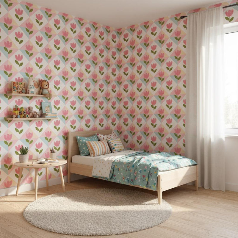 Pink tulip wallpaper peel and stick | pastel floral nursery | kids room removable wallpaper | self adhesive wall decor