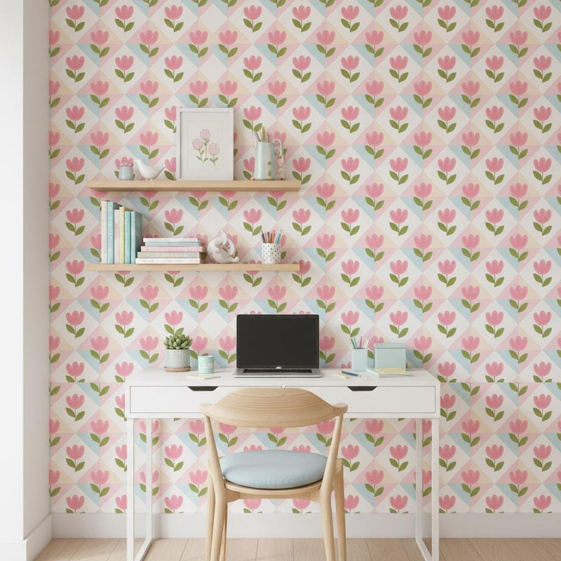Pink tulip wallpaper peel and stick | pastel floral nursery | kids room removable wallpaper | self adhesive wall decor