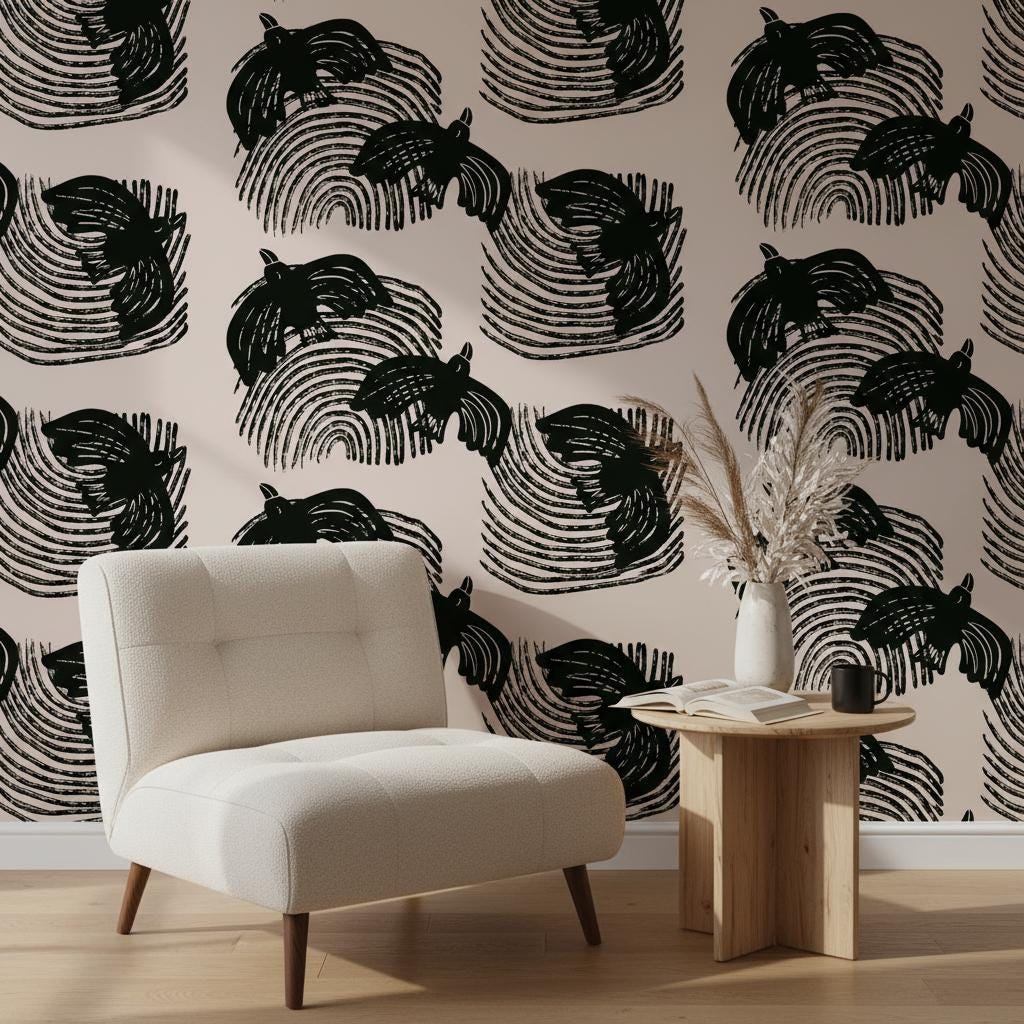 Bird swirl wallpaper peel and stick | bold graphic black Japandi | living room bedroom | removable wall mural