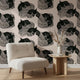 Bird swirl wallpaper peel and stick | bold graphic black Japandi | living room bedroom | removable wall mural