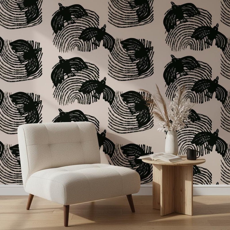 Bird swirl wallpaper peel and stick | bold graphic black Japandi | living room bedroom | removable wall mural